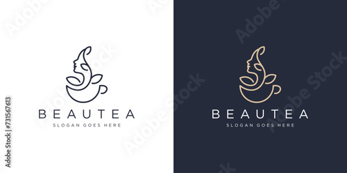 Creative Beautea Logo. Tea Cup and Beauty Women Face with Linear Outline Style. Nature Beauty Logo Icon Symbol Vector Design Template. photo