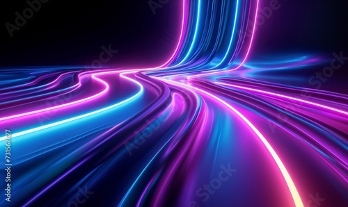 3d rendering  abstract neon background. Curvy colorful glowing lines  futuristic minimalist wallpaper  Generative AI