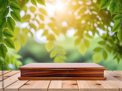 Nature background and table wood for product display template  Empty wooden table and sack tablecloth over blur green tree at park  garden outdoor with bokeh light background