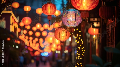 Colorful images showcasing streets adorned with intricate lantern decorations...