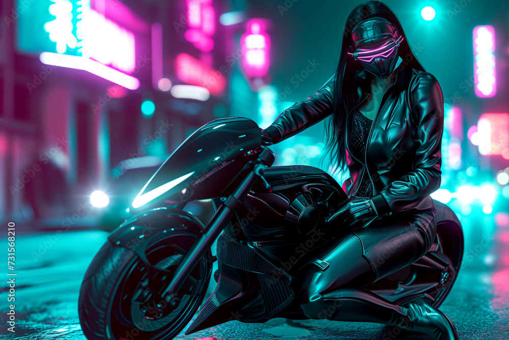 A cyberpunk girl rides around the city on a motorcycle, Motorcycle on the road. driving around the city, Motion Effect. Neon city A cyberpunk girl rides around the city on a motorcycle, Motorcycle on the road. driving around the city, Motion Effect. Neon city