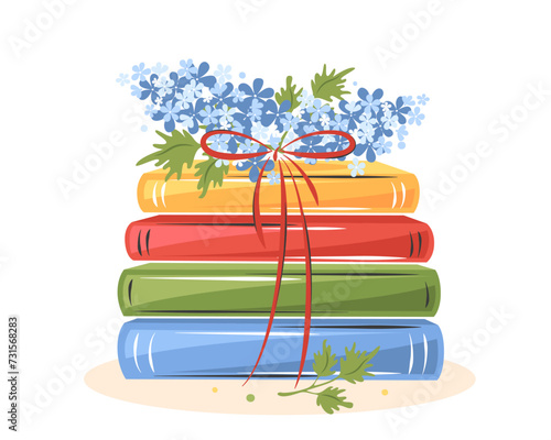 Books with spring flowers on white background.  Design for spring greeting card, bookstore, library.  Vector illustration