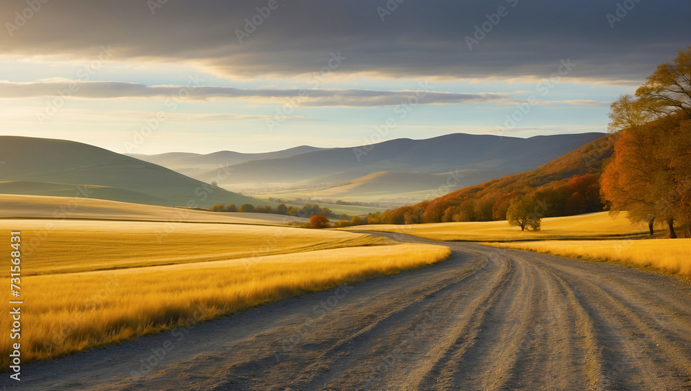 The wide dirt road winds among golden fall meadows. Forested hills in the background