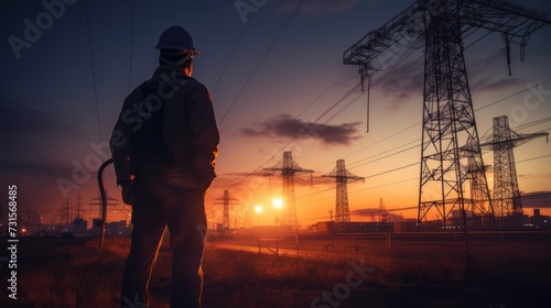 Silhouette of Back side view an engineer inspects an electrical plant with, a clear sky with a few clouds, on the city background.