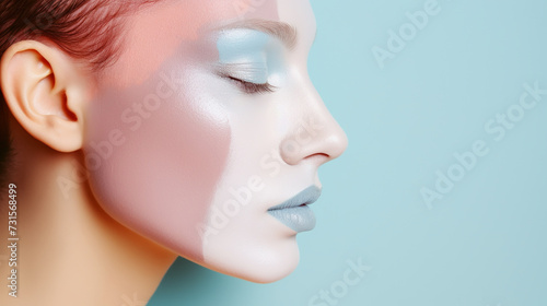 Closeup view of brown female eyes with evening makeup. Colorful pink and blue smokey eyes.