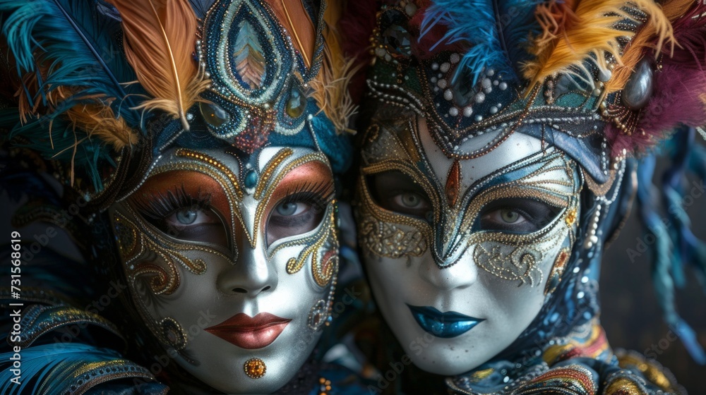 Dramatic portraits showcasing the elaborate and flamboyant costumes worn by Mardi Gras revelers