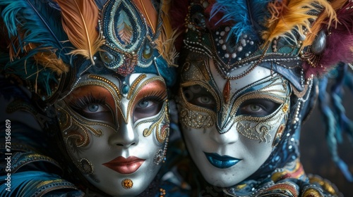 Dramatic portraits showcasing the elaborate and flamboyant costumes worn by Mardi Gras revelers © olegganko