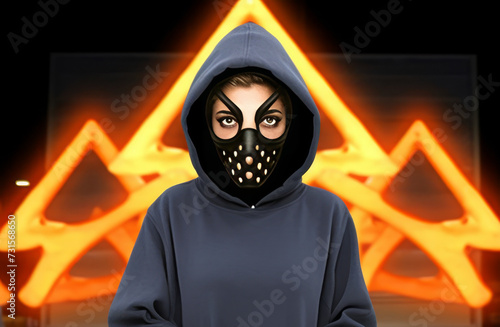 A girl in a black hoodie and a black mask against the background of a fire emblem