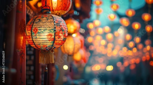 Colorful images showcasing streets adorned with intricate lantern decorations...