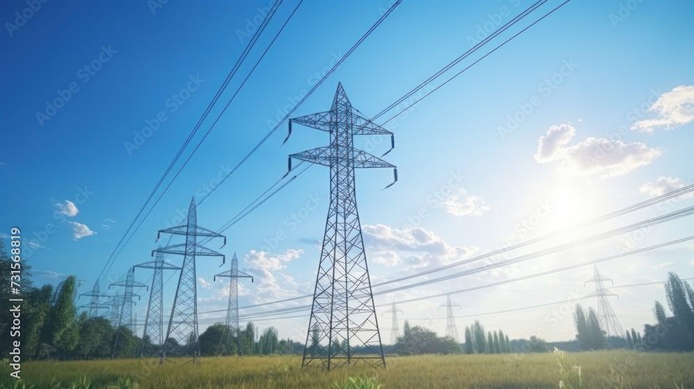 High voltage electric tower, sky is clear with a few clouds, environmental concept city background.