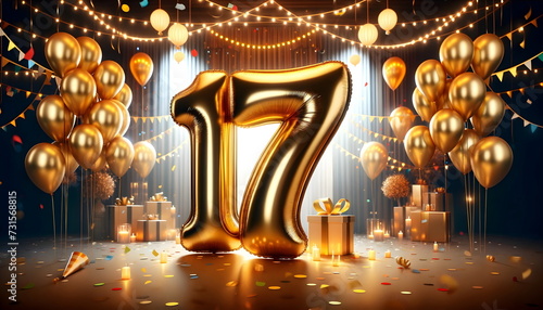 golden balloons number 17 on birthday concept background © dobok