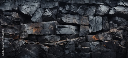 Crushed volcanic basalt bricks wall texture. Wall of Volcanic rock bricks wallpaper. Volcanic rock bricks wall. Horizontal format for banners, posters, advertising.