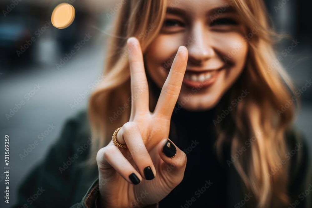 cropped shot of a woman with one hand showing the peace sign - obrazy, fototapety, plakaty 