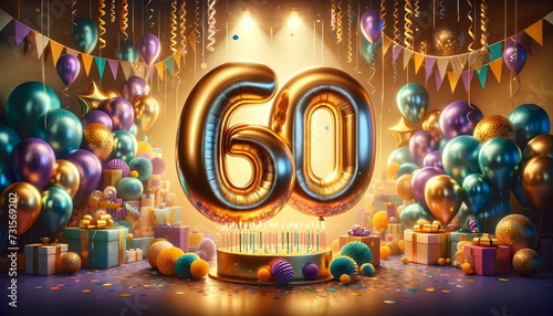 golden balloons number 60 on birthday concept background photo