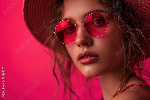A fashion portrait of a woman showcasing her individuality by wearing a hat and red sunglasses