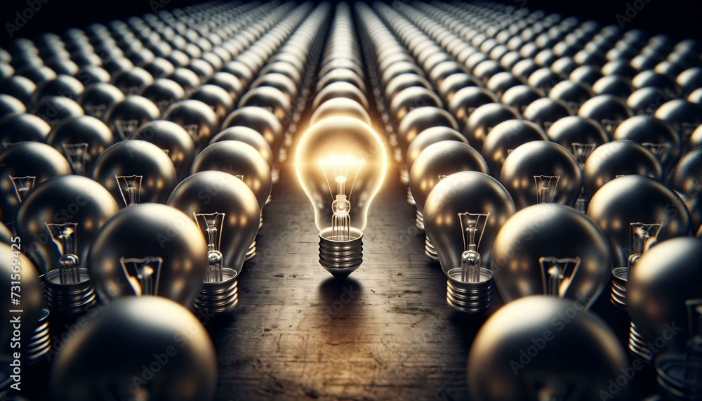 Fototapeta premium A large number of lightbulbs arranged in rows. All the bulbs are off except for one in the center. The image conveys a concept of uniqueness, innovation, or a bright idea in a field of conformity.