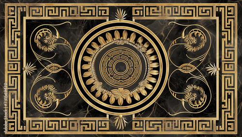 3d wallpaper stretch ceiling golden decoration model. mandala and decorative frame marble background photo
