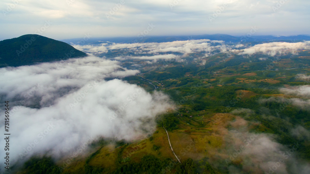 Mystic morning foggy dreamy landscape. Mountain, aerial view. Sunrise, drone photo. Mystic morning foggy dreamy landscape. Mountain, aerial view. Sunrise, drone photo.