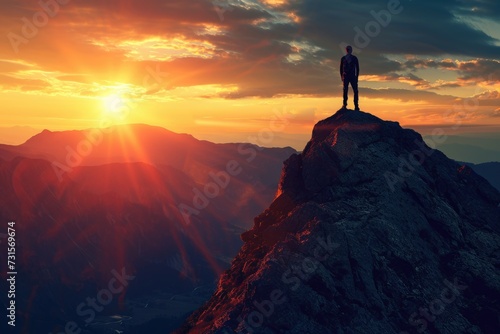 Man on mountain, sunset, goals, achievements.