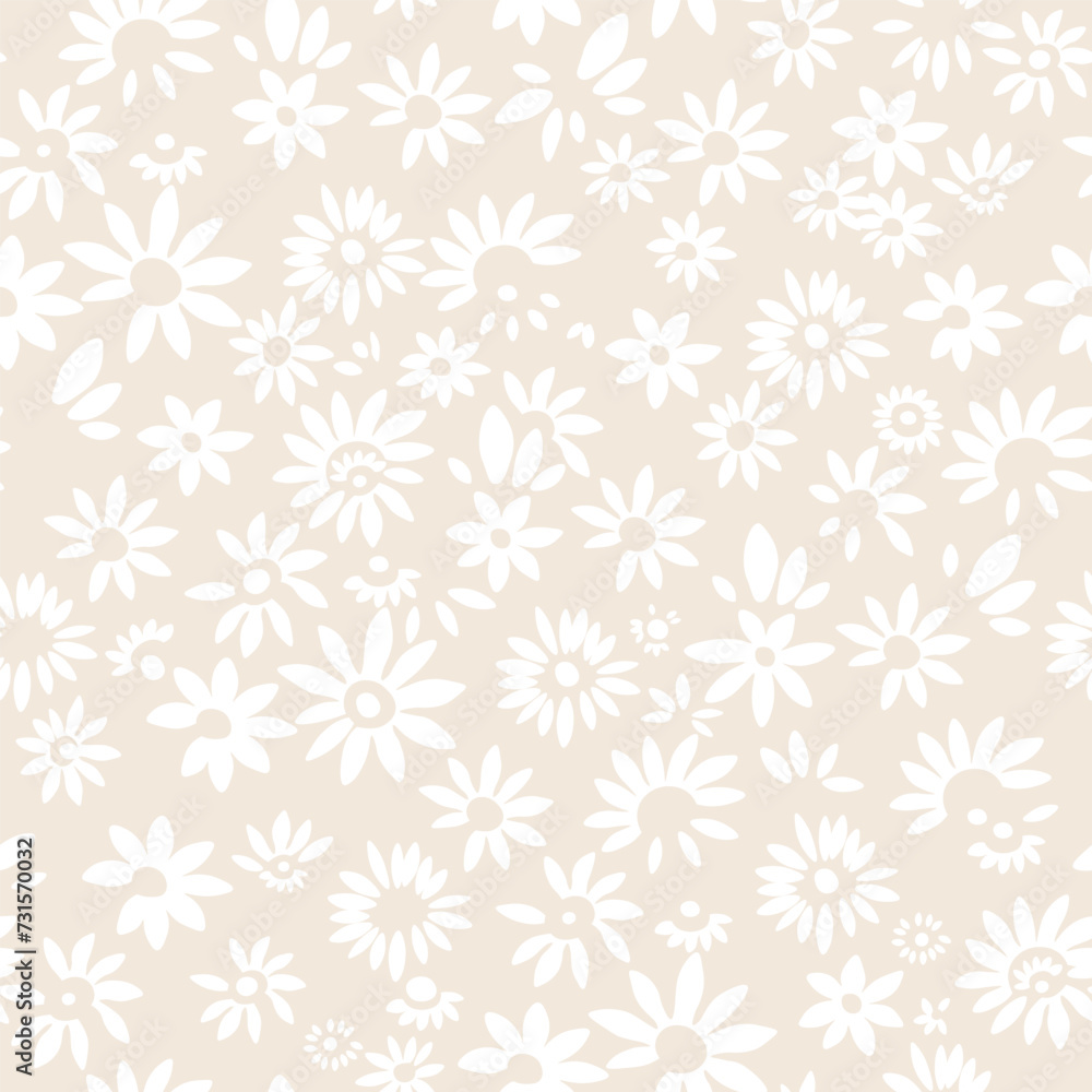 Seamless pattern of retro-style white flowers in vector format, suitable for clothes, fabrics, spider web patterns, wallpaper, packaging and all prints on a light beige background. Seamless pattern of retro-style white flowers in vector format, suitable for clothes, fabrics, spider web patterns, wallpaper, packaging and all prints on a light beige background.
