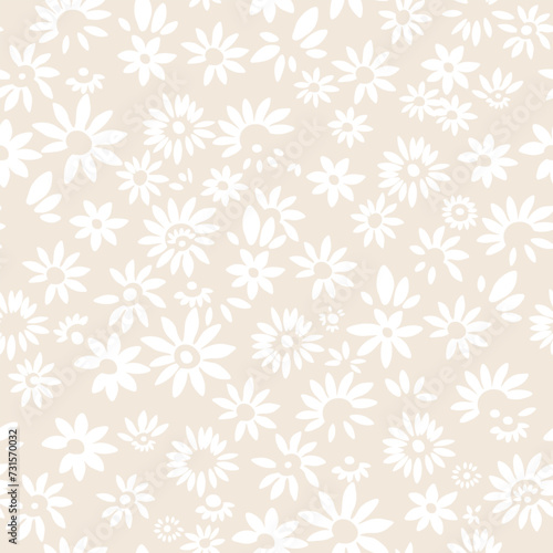 Seamless pattern of retro-style white flowers in vector format, suitable for clothes, fabrics, spider web patterns, wallpaper, packaging and all prints on a light beige background.