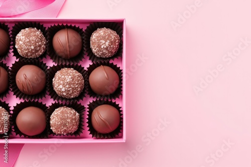 Box Delicious chocolate candies on pink background, top view.  copy Space for text © Eyepain