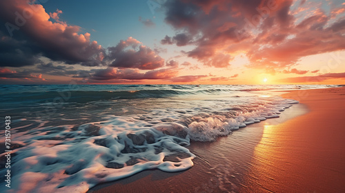Sea sunset soft blurred background, ocean sunrise, tropical island beach dawn, dark blue water waves splash, ripple texture © alexkich