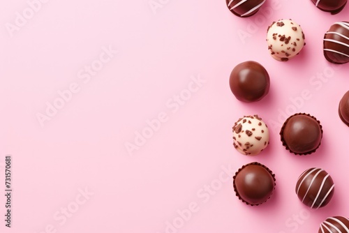 Box Delicious chocolate candies on pink background, top view.  copy Space for text