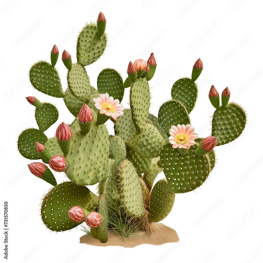 Prickly pear blooming cactus bush, isolated on transparent background Prickly pear blooming cactus bush, isolated on transparent background