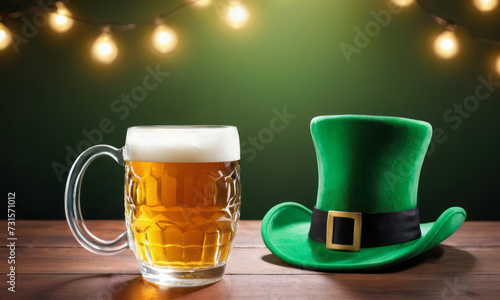 mug of beer with leprechaun hat on the wooden table. St. Patrick's Day celebration