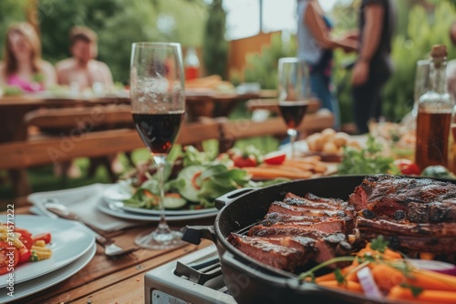Outdoors Dinner Table with Gorgeous-Looking Barbecue Meat, Fresh Vegetables and Salads. Blurred Joyful People Celebrating in the Background. AI generative © tiena