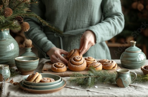 girl hands out dough and cinnamon buns by table under trees