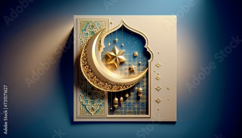 Ramadan Kareem vector card with 3d golden metal crescent, hanging stars, paper cut clouds, mosque. Arabic style arch with traditional pattern. Copy space.
