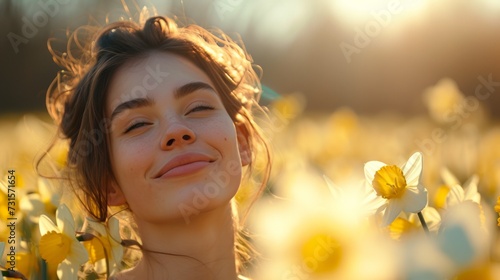 In a meadow of daffodils, she beams with happiness
