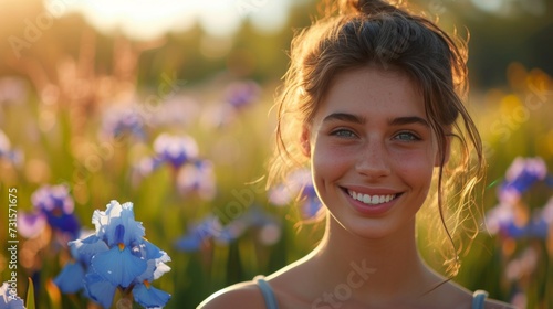 Her smile blooms alongside a patch of vibrant irises
