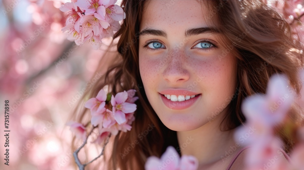 Fototapeta premium Her eyes sparkle with delight as she stands amid cherry blossoms