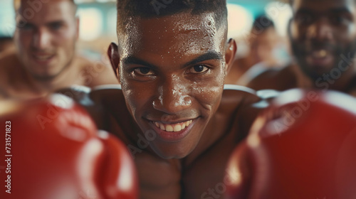 Athletes flashing cheerful smiles, their eyes gleaming with determination and...