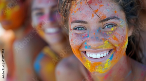 Close-up shots capturing the radiant smiles and laughter of participants covered in colorful powder.