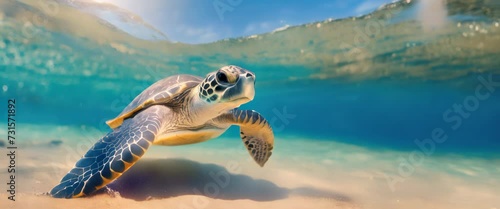 Sea turtle swimming near the ocean's surface. Underwater view of reptile glides in clear waters beneath the waves with the seabed in the background. Panorama with copy space. photo