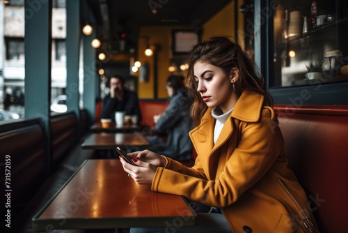a young woman text messaging on her phone while sitting at a cafe