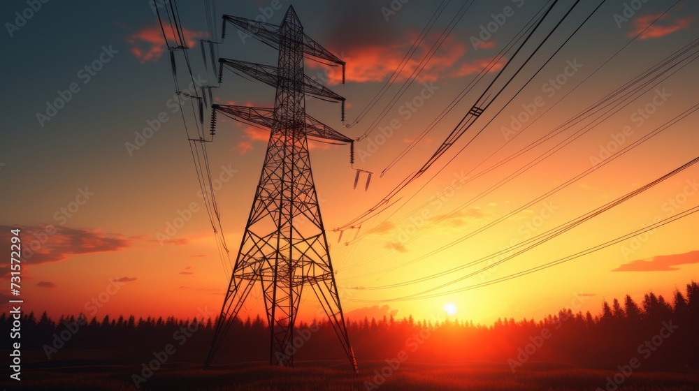 Silhouette of High voltage electric tower on sunset background.