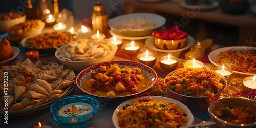Festive table spread with various dishes and candles. cozy dinner setting. traditional cuisine. warm ambiance for celebrations. homely feast. AI
