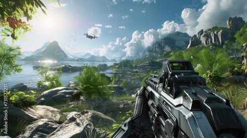 First-Person Shooter Game Perspective Overlooking a Futuristic Landscape photo