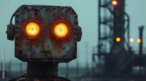 Its LED eyes glow with curiosity against a backdrop of industrial architecture