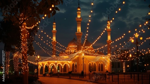 Serene photos depicting mosques lit up with decorative lights during the holy...