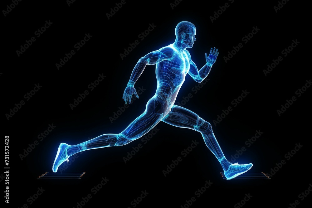 wireframe mesh of runner man, scan technology,electric,technology concept --ar 3:2 Job ID: 6daca11e-b36d-4e07-b7dd-005ec6b08f67