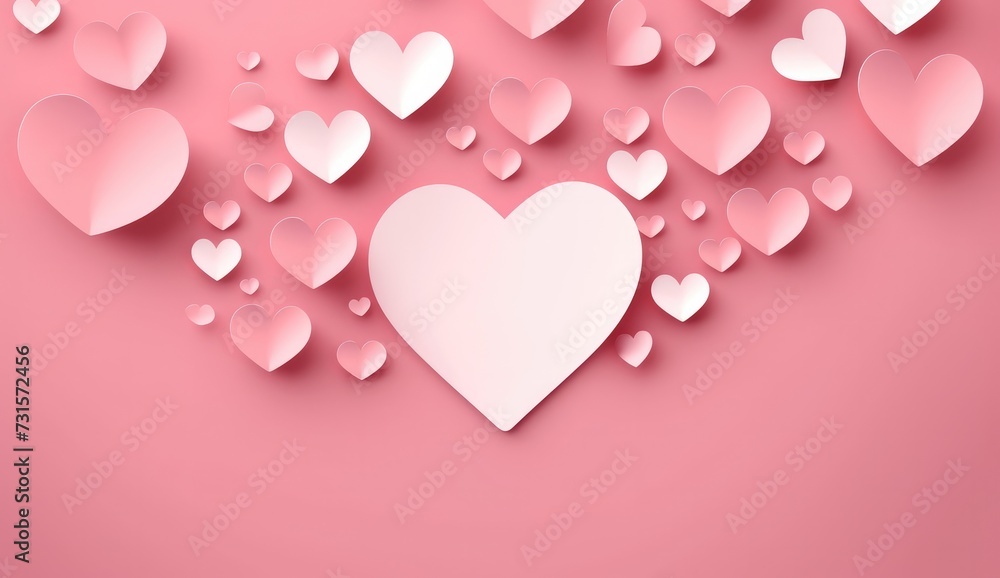 Pink paper elements in shape of heart flying on pink background. Vector symbols of love for Happy Women's, Mother's, Valentine's Day, birthday greeting card