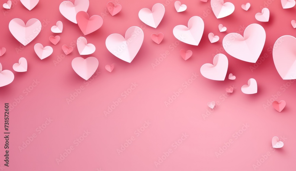 Pink paper elements in shape of heart flying on pink background. Vector symbols of love for Happy Women's, Mother's, Valentine's Day, birthday greeting card Pink paper elements in shape of heart flying on pink background. Vector symbols of love for Happy Women's, Mother's, Valentine's Day, birthday greeting card
