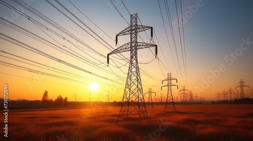 Silhouette of High voltage electric tower on sunset background.