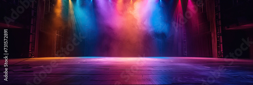Free stage with lights and smoke, Empty stage with colorful spotlights, conser, show, party, Presentation concept. multi color spotlight strike on black backgroun, rainbow,purple red, blue, green 